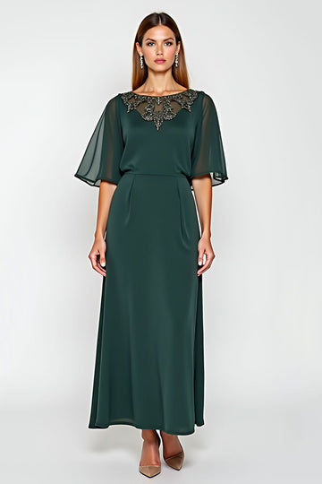 Pine Sheath Half Sleeves Chiffon Mother of the Bride Dress with Appliques